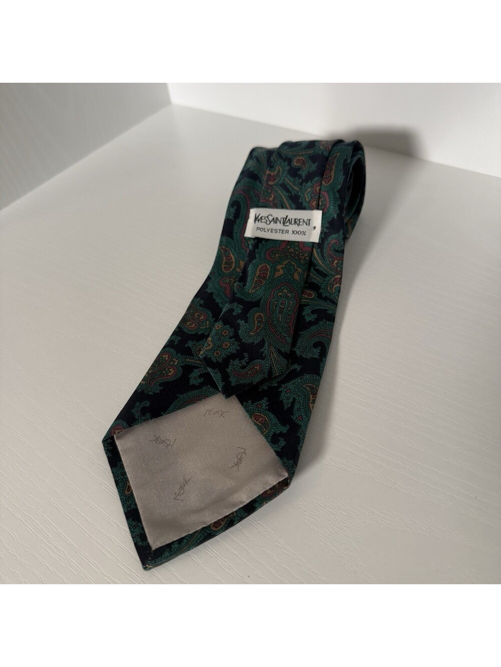 Yves Saint Laurent YSL Men’s Paisley Tie Green Navy Burgundy Vintage 57”